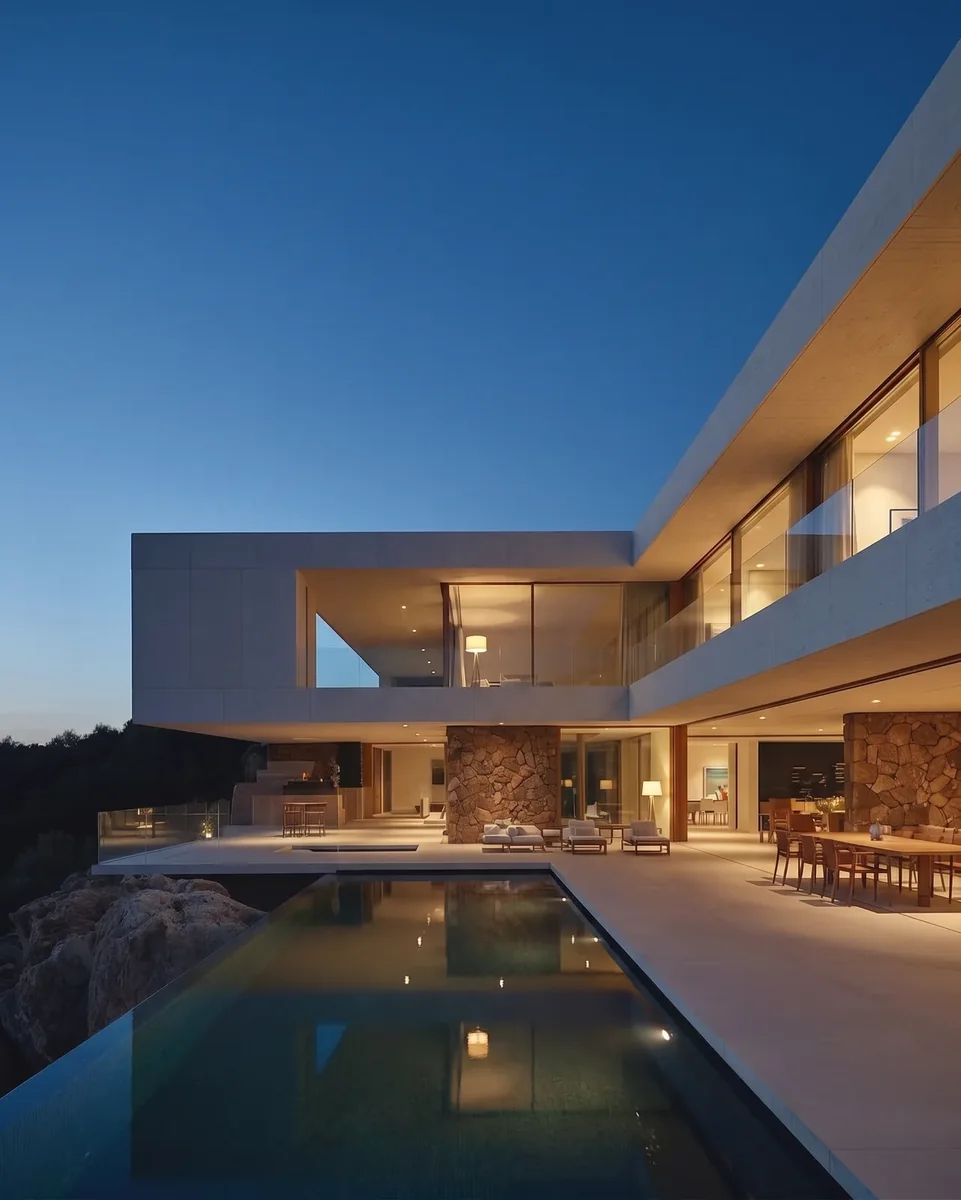 Night view of the same villa generated with the Day to Night preset