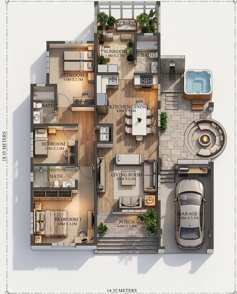 Bird's-eye 3D view of the same plan generated with the Floorplan to 3D preset