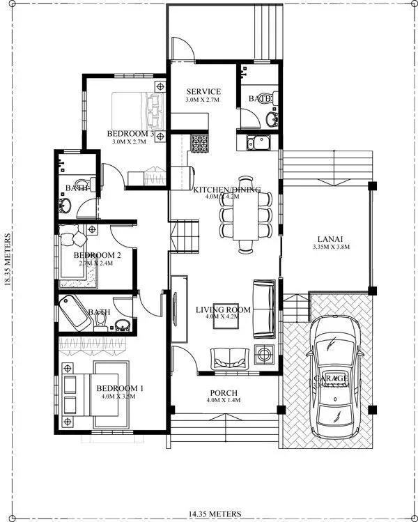 Black and white 2D floor plan