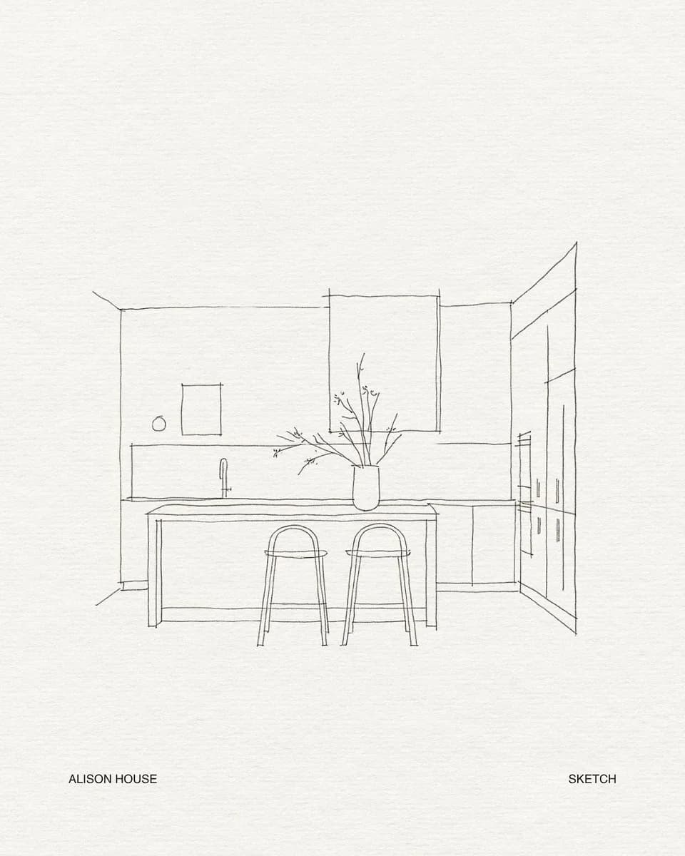 Pencil sketch of a kitchen on paper