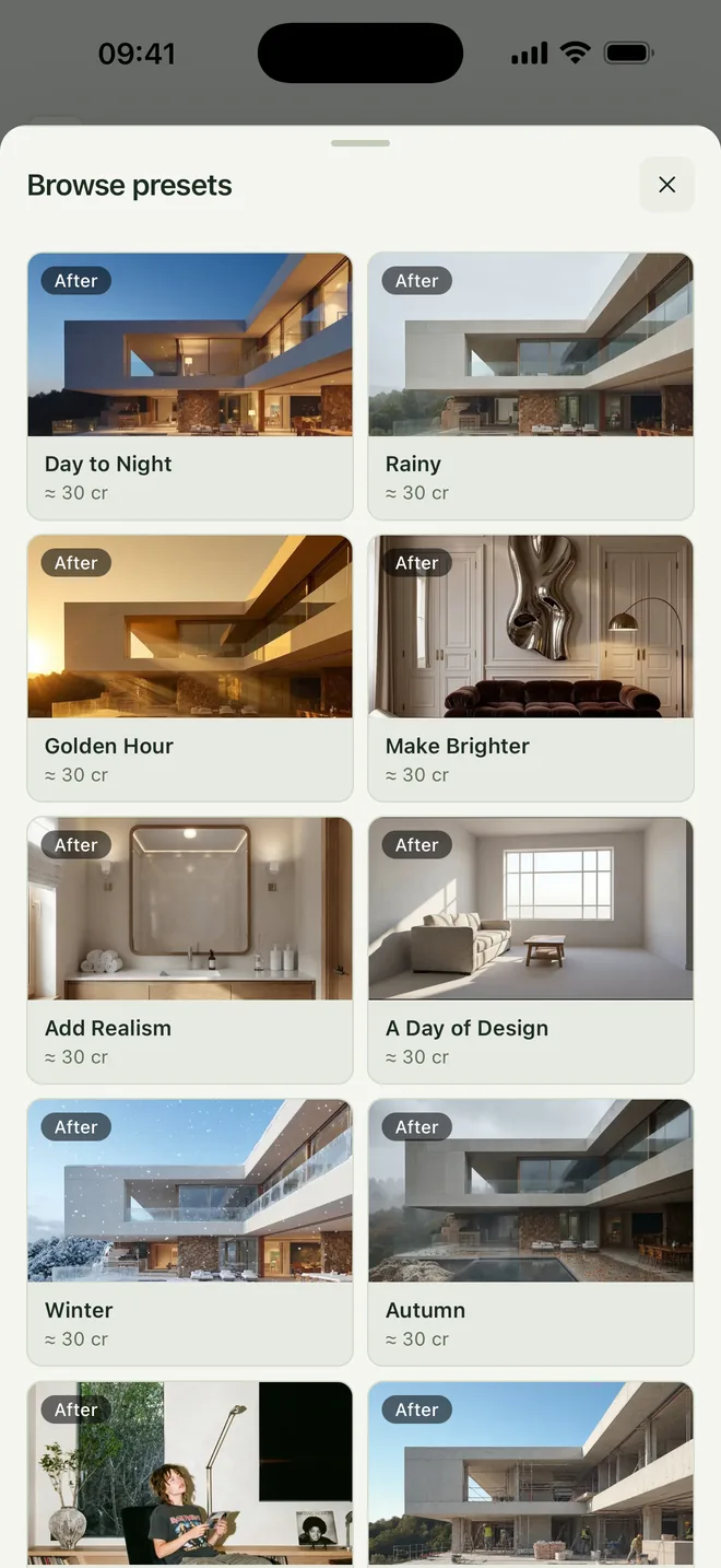 Syntina iOS atmosphere presets: Day to Night, Rainy, Golden Hour, Winter, Autumn