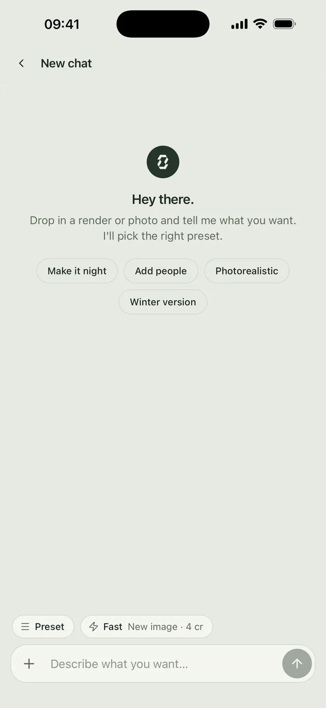 Syntina iOS Chat screen: drop in a render or photo, say what you want, and Syntina picks the preset