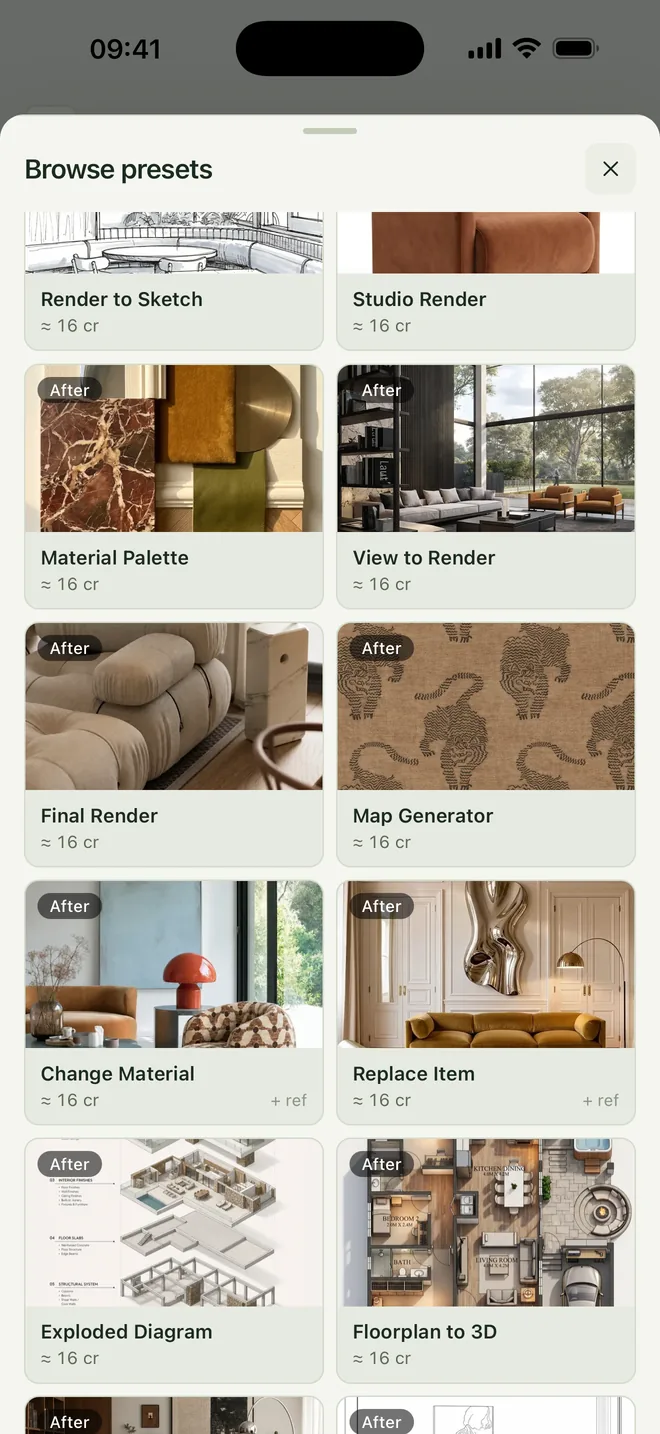 Syntina iOS preset library: Material Palette, View to Render, Floorplan to 3D and more