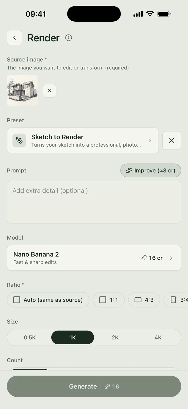Syntina iOS Render screen: source image, Sketch to Render preset, aspect ratio and size options