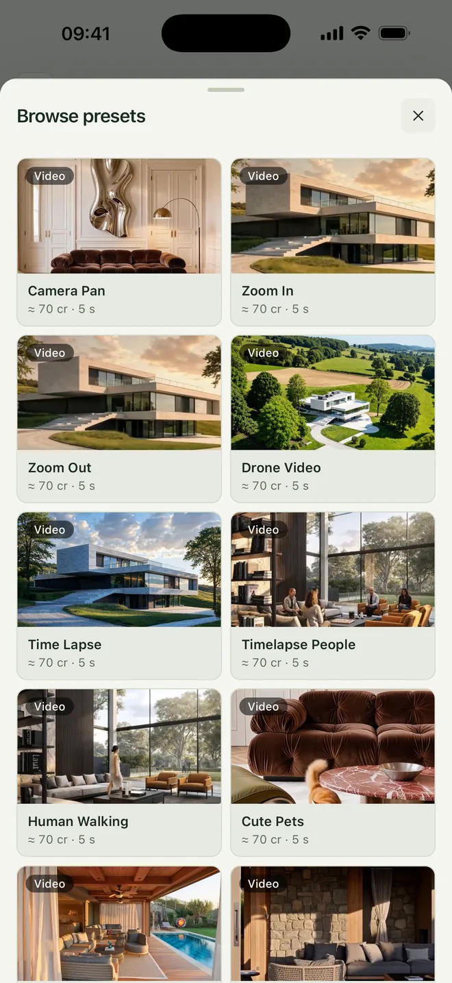 Syntina iOS video presets: Camera Pan, Drone Video, Time Lapse and more