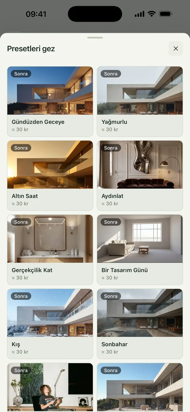 Syntina iOS atmosfer presetleri: Gündüzden Geceye, Yağmurlu, Altın Saat, Kış, Sonbahar