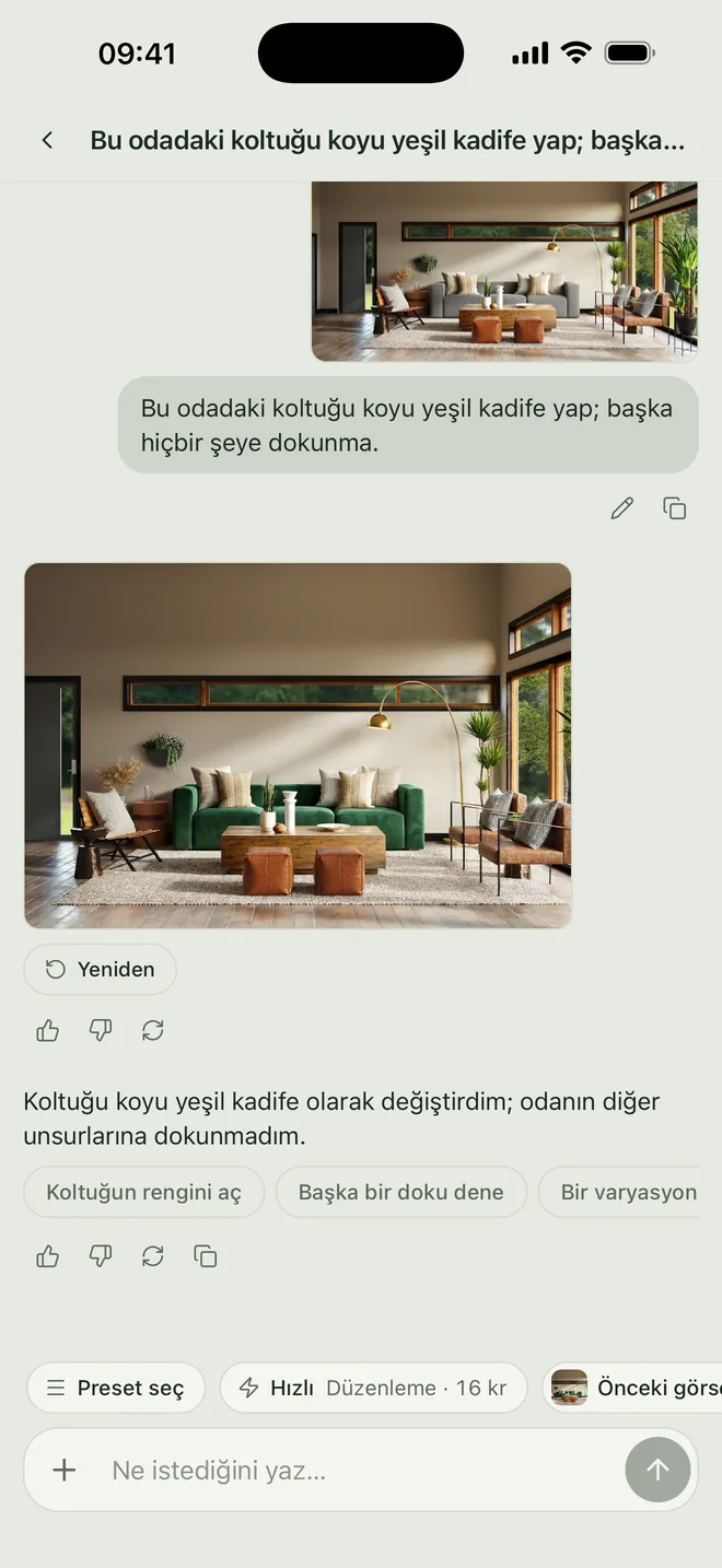 Syntina iOS Sohbet ekranı: salondaki koltuğun koyu yeşil kadifeye çevrildiği düzenleme