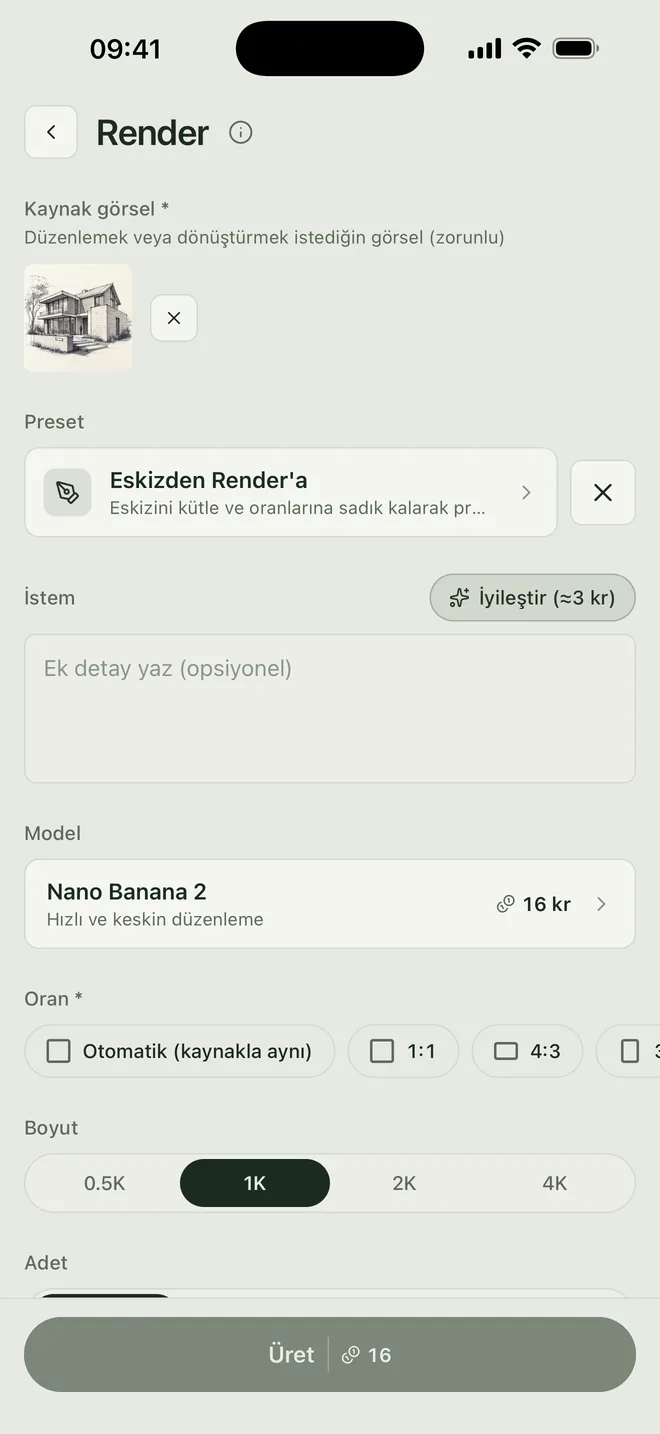 Syntina iOS Render ekranı: kaynak görsel, Eskizden Render'a preset'i, oran ve boyut seçimi
