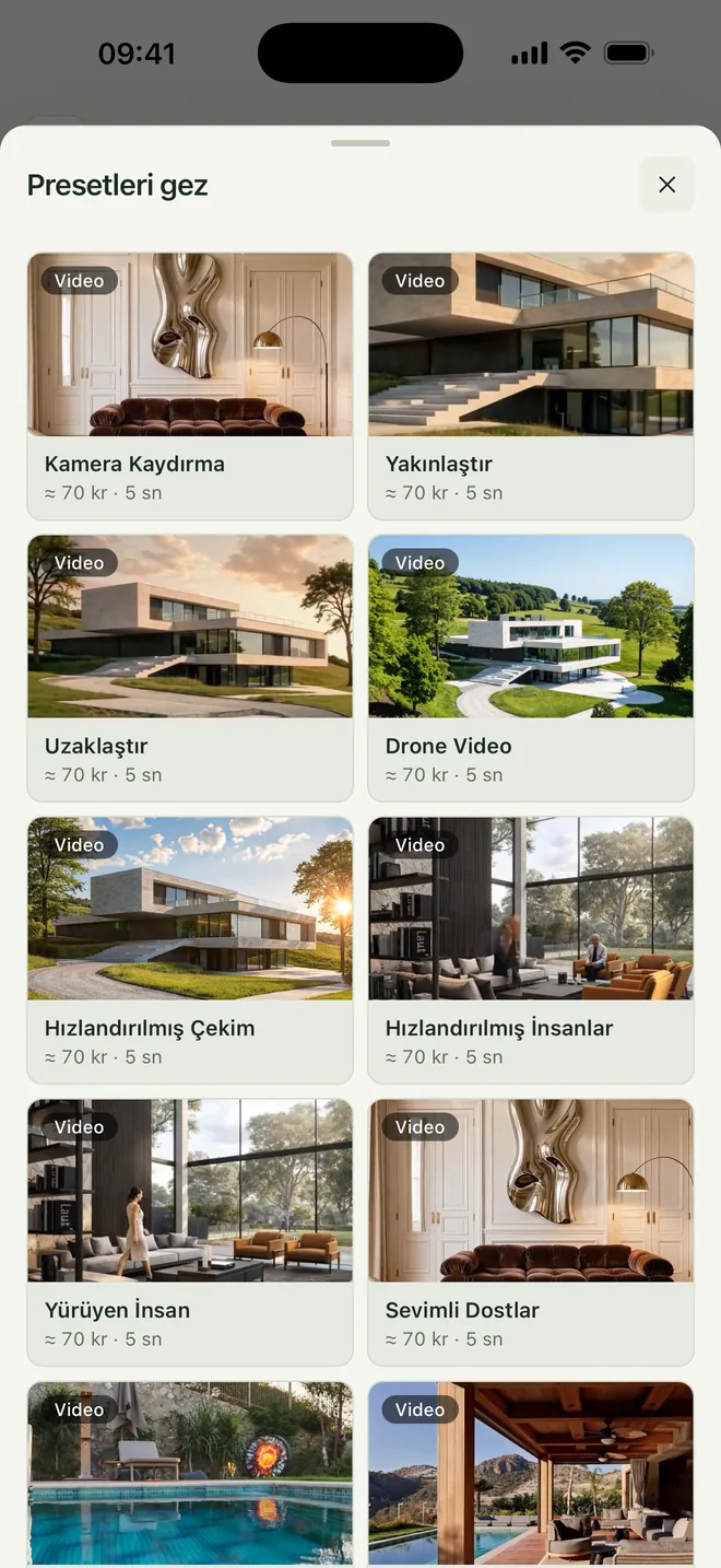 Syntina iOS video presetleri: Kamera Kaydırma, Drone Video, Hızlandırılmış Çekim ve diğerleri