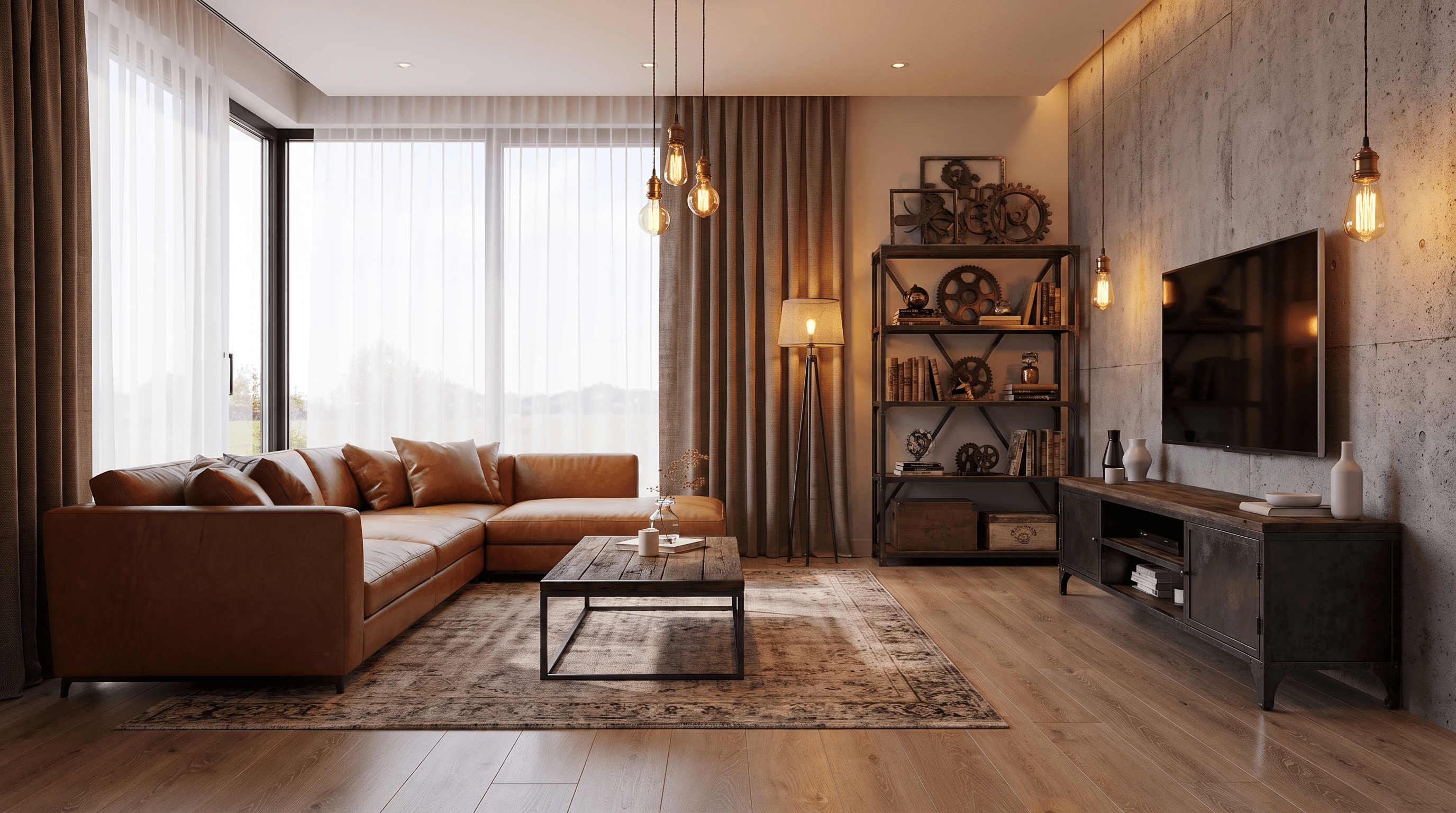 Aynı salonun endüstriyel loft stilinde yeniden üretilmiş hali