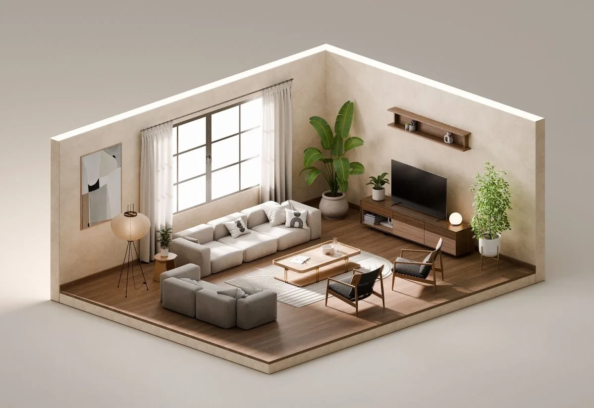 Daire için AI 3D kat planı örneği