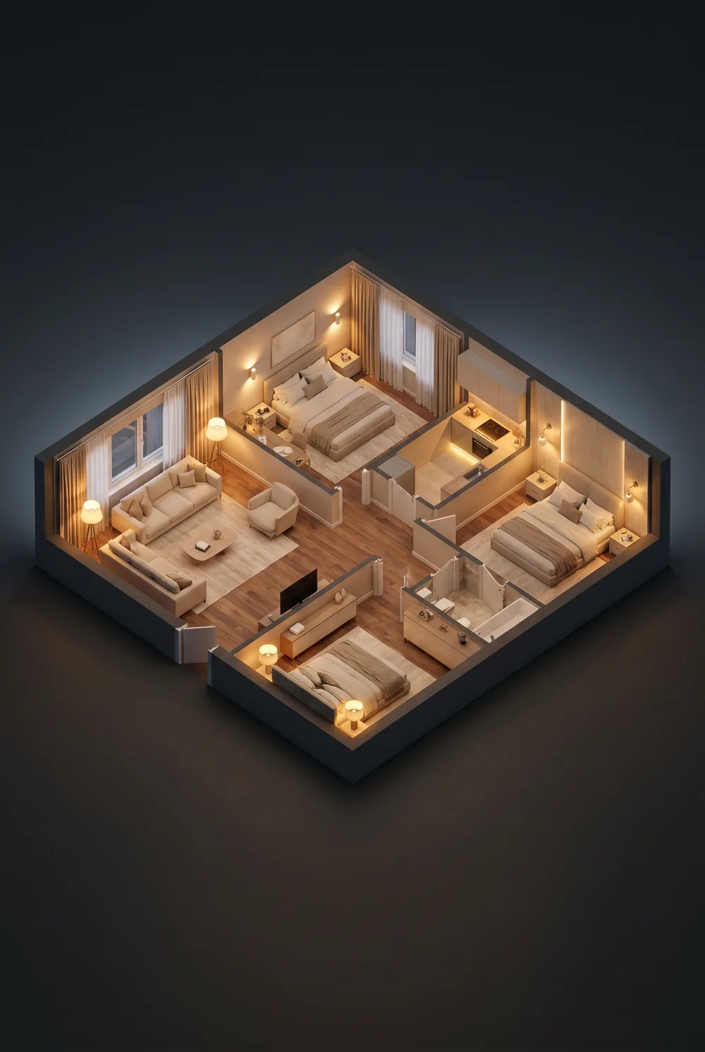AI-generated 3D floor plan — warmly lit isometric apartment layout, vertical composition