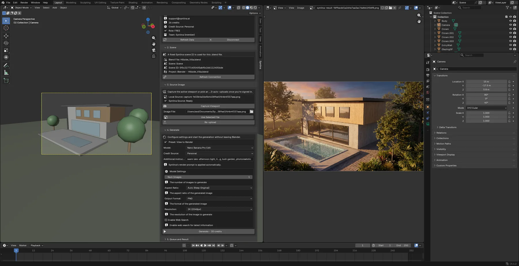 Model settings: number of images, aspect ratio, output format and 2K resolution, with the finished render on the right