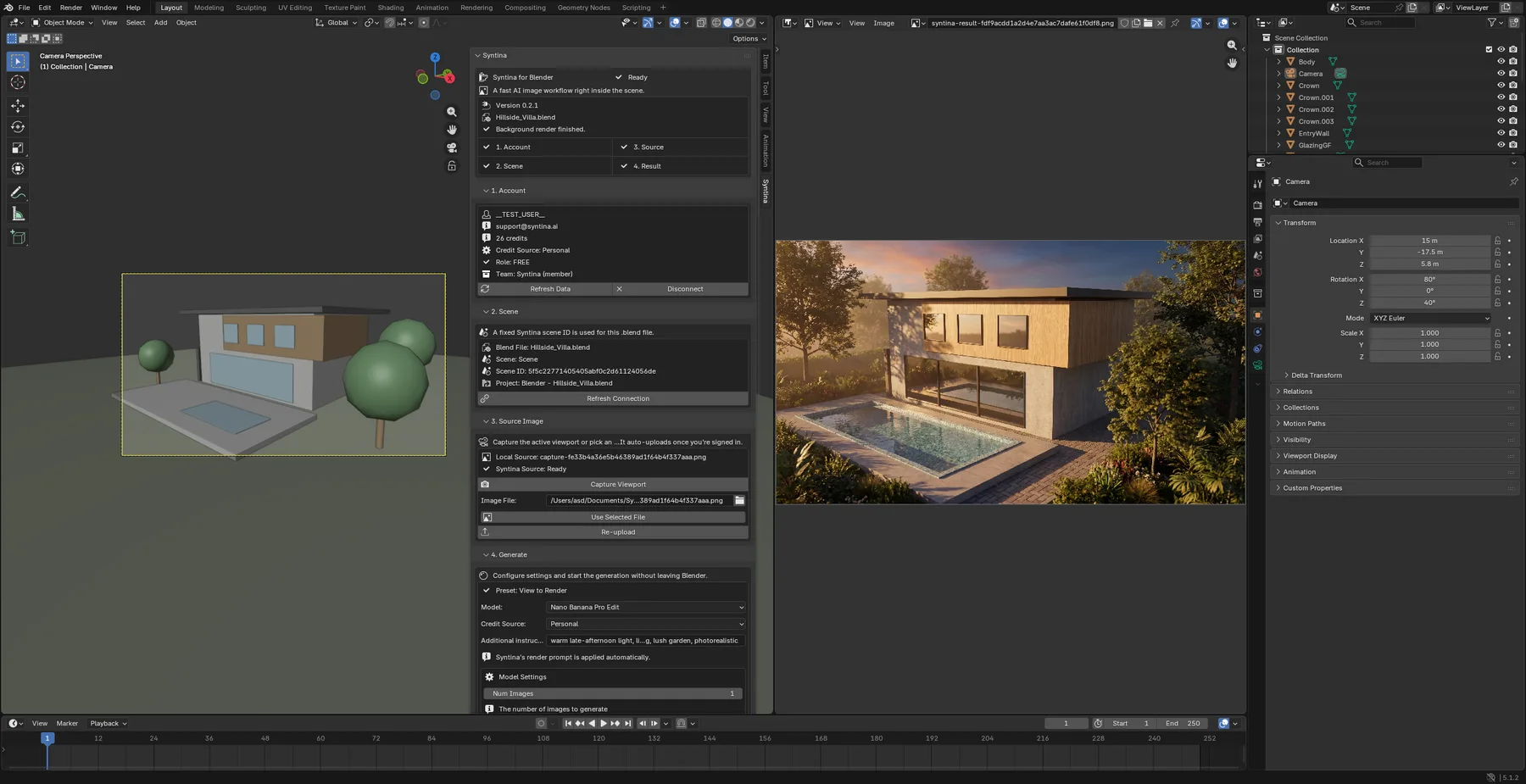 Blender'da solda kütle modeli ve Syntina yan paneli, sağda aynı kameradan üretilmiş fotogerçekçi render