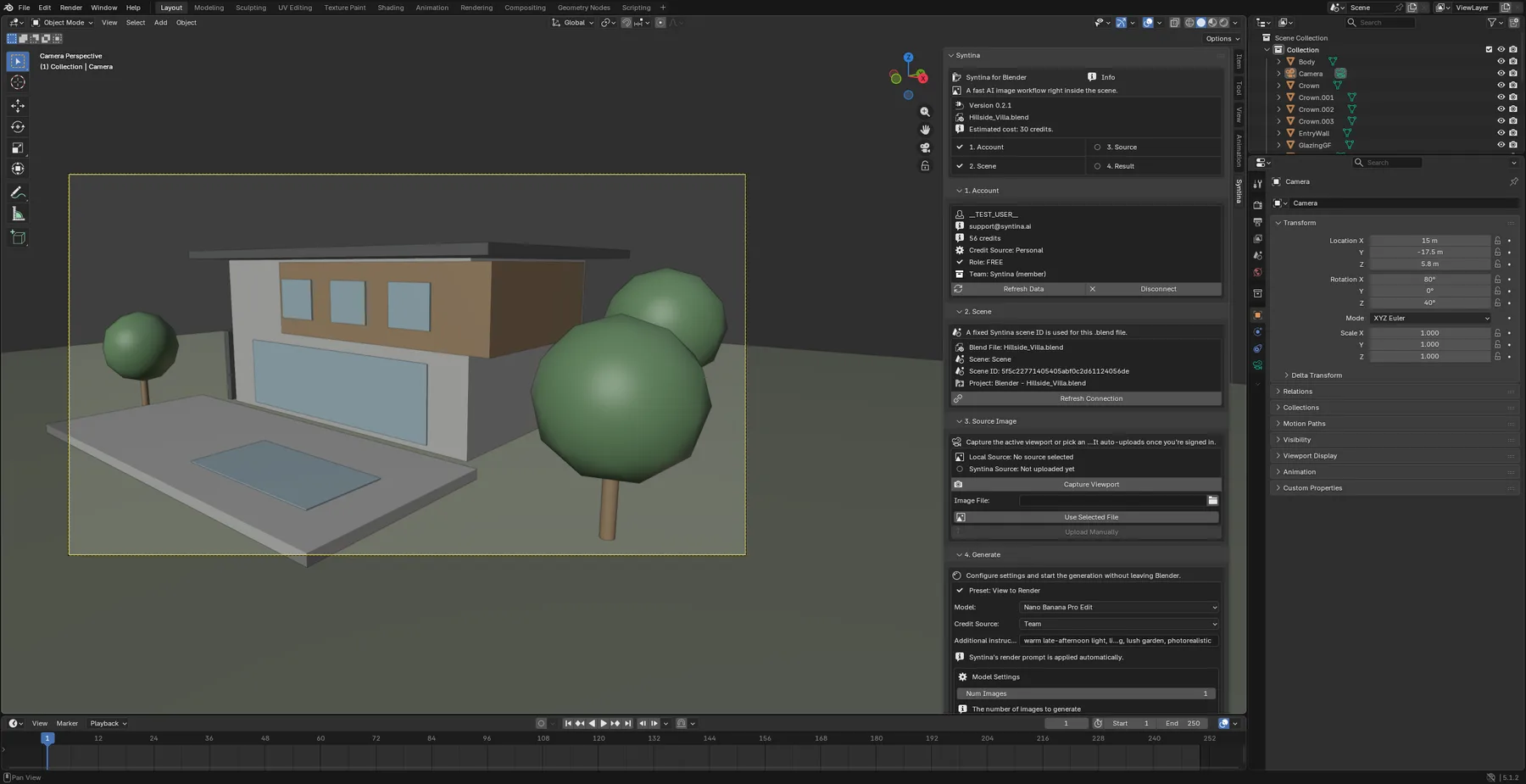 Syntina yan paneli: hesap bağlı, sahne projeye bağlı, View to Render preseti seçili, 30 kredi tahmini