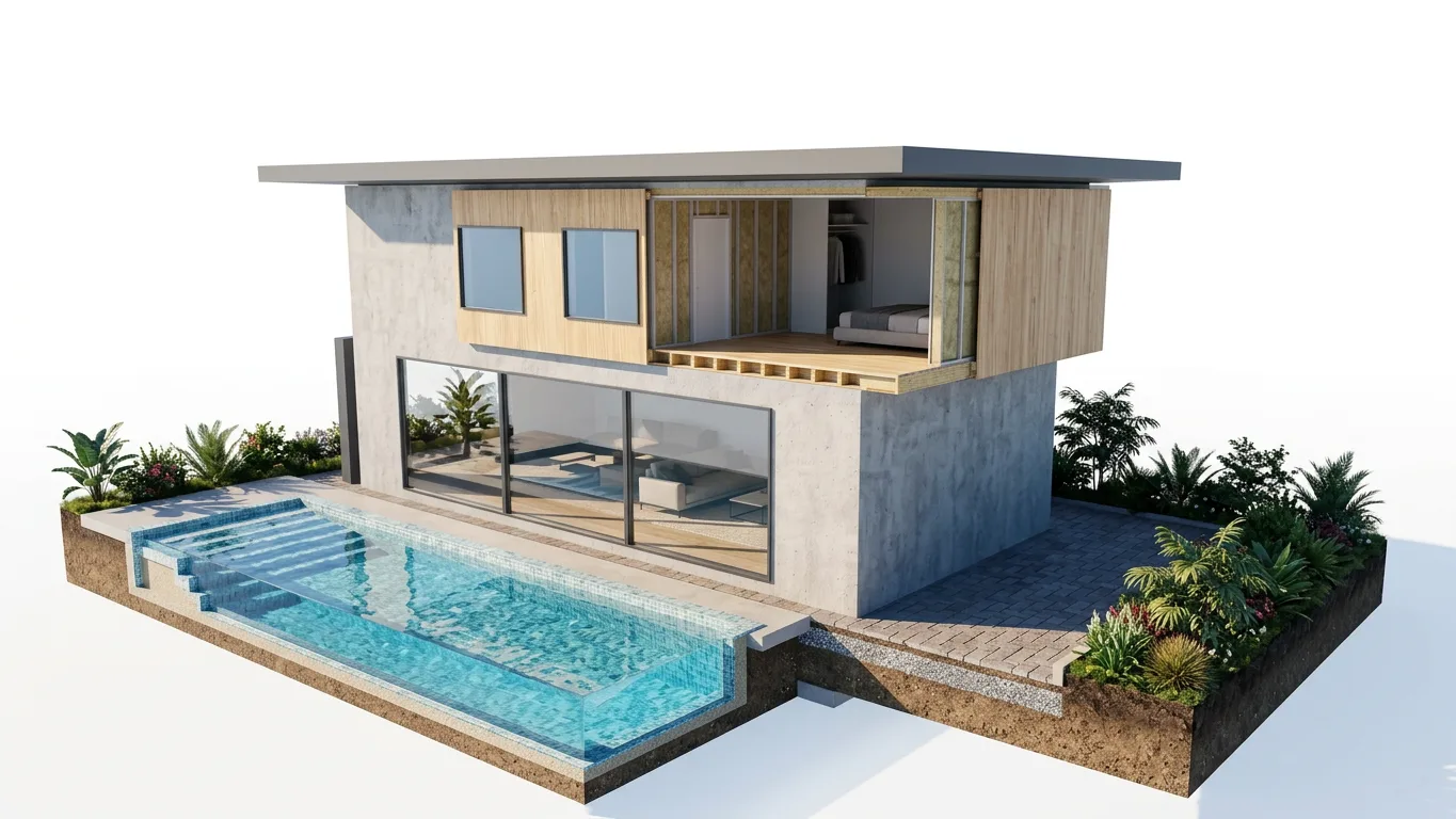 3D cutaway of the same house: part of the upper timber cladding removed to show a bedroom and the wall build-up, the pool and ground cut open to show water depth and soil layers, on a white background
