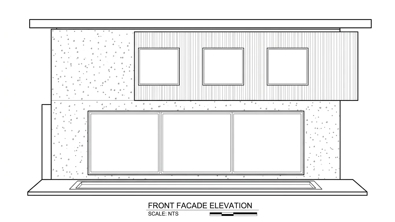 Front elevation drawn from the render: orthographic view with three upper windows, three ground floor glass panels, vertical lines for the timber cladding, stippled concrete, a flat roof overhang and a title block reading Front Facade Elevation, Scale: NTS