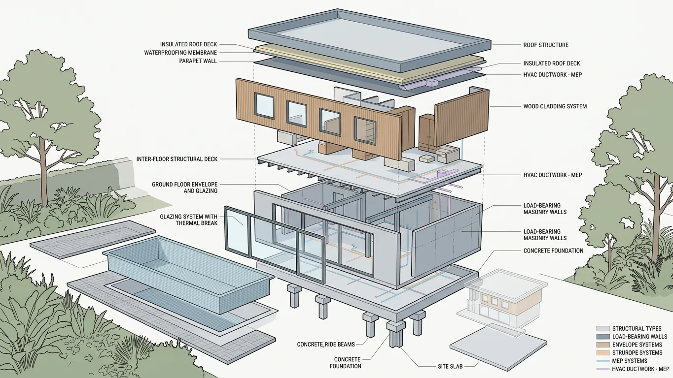 Exploded axonometric generated from the render: roof, cladding, floor slab, ground floor walls, glazing and foundation separated vertically, with labels and a colour legend