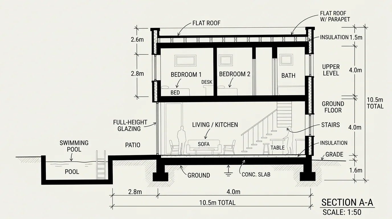 Output: the same section redrawn with solid black poche on every cut element, a clear line weight hierarchy, scale figures, and the original labels and dimensions kept