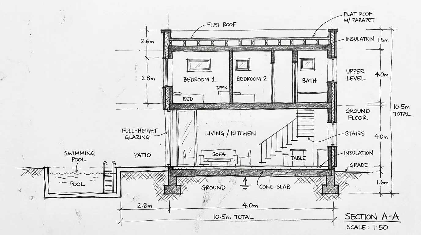 Input: a pencil section of a two-storey house with bedrooms, a bath, a living room with stairs, a pool, dimension lines and handwritten labels