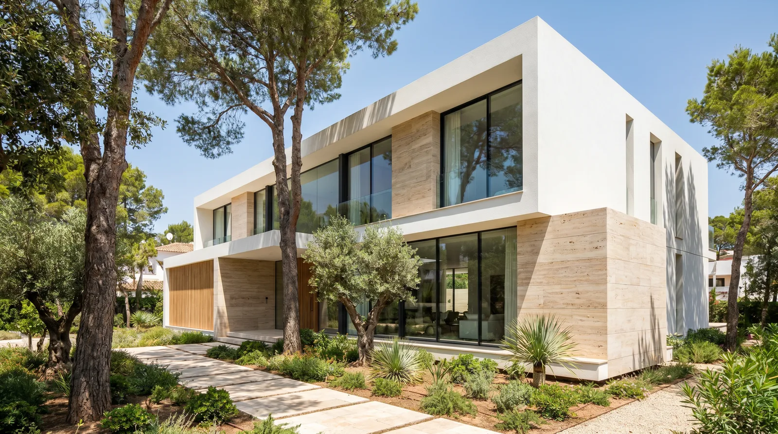 Villa cephesi gündüz: beyaz sıva ve traverten taş kaplama, geniş cam yüzeyler, öğlen ışığı