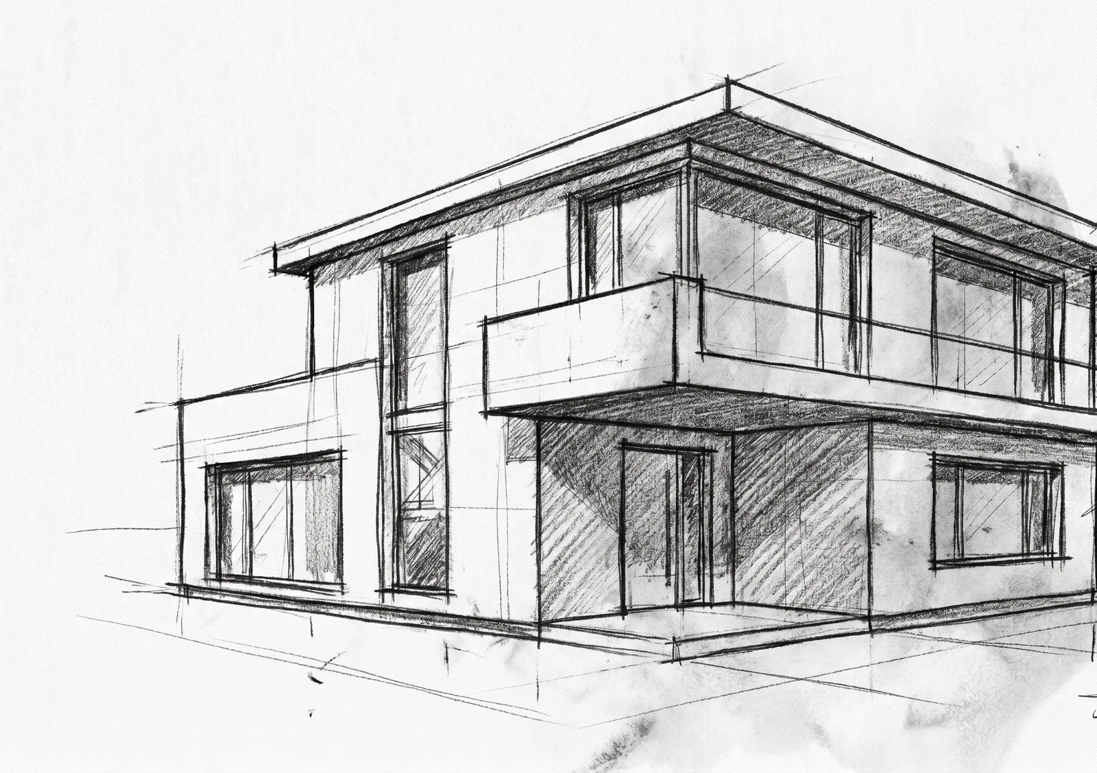 Kaynak el eskizi: iki katlı modern konut, düz çatı, üst kat konsol çıkma, dar dikey pencere ve balkon