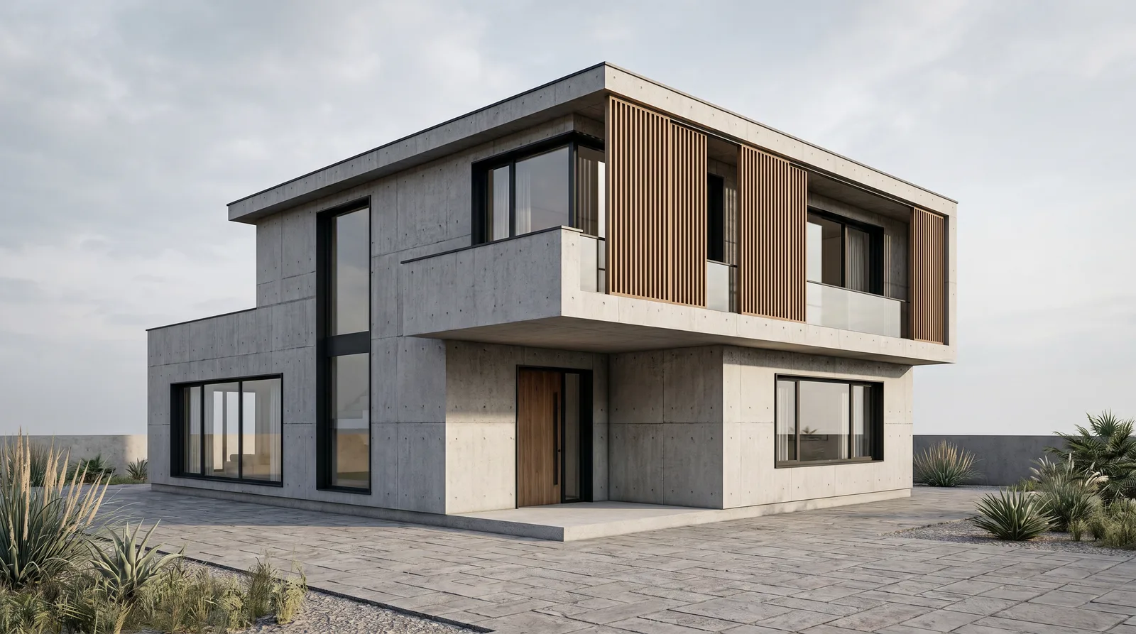 Beton ve ahşap lamel malzeme diliyle render: aynı kütle ve pencere düzeni, brüt beton yüzey ve ahşap güneş kırıcı ile