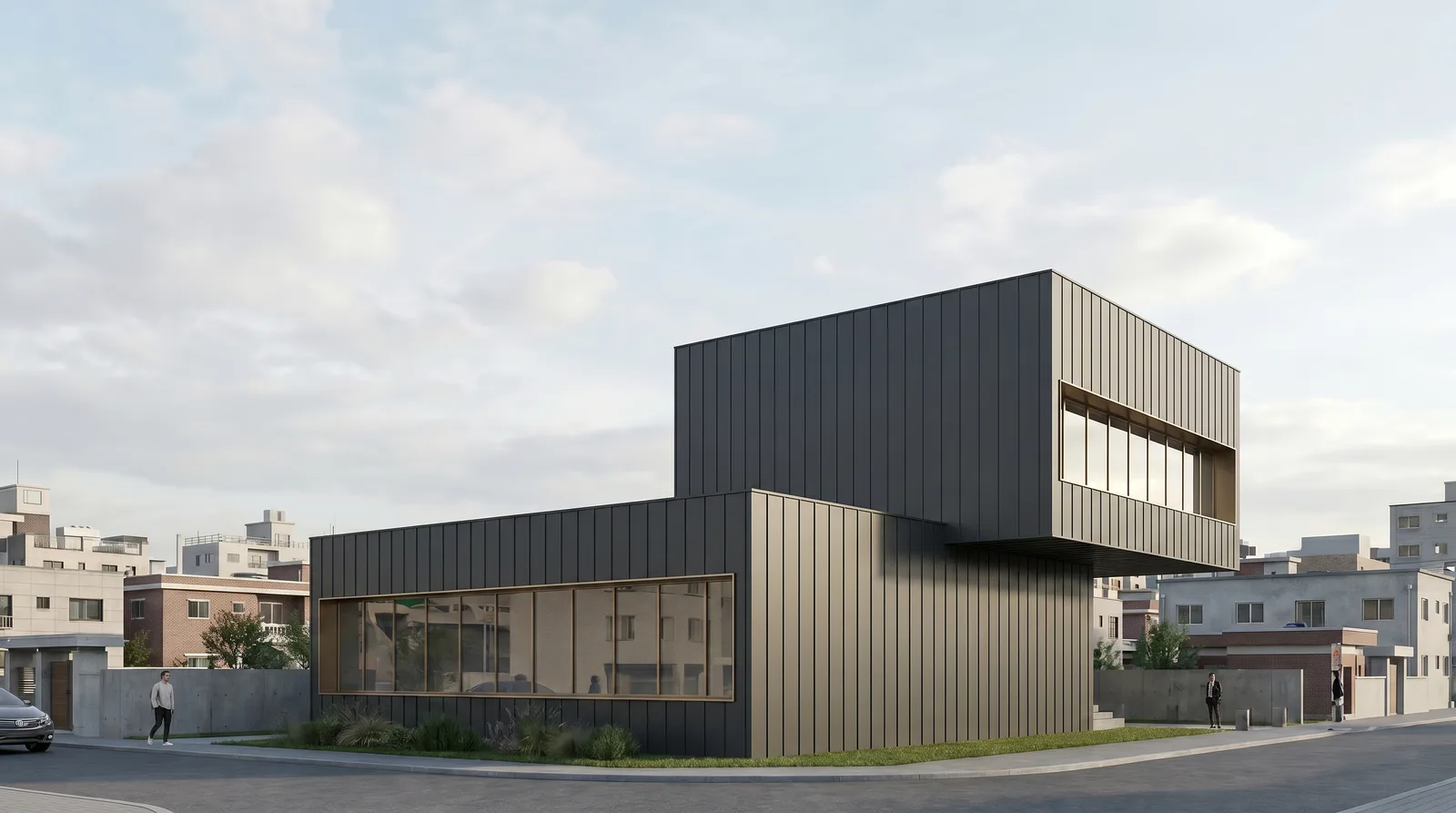 Aynı kütle, antrasit metal panel ve bronz pencere çerçevesi versiyonu