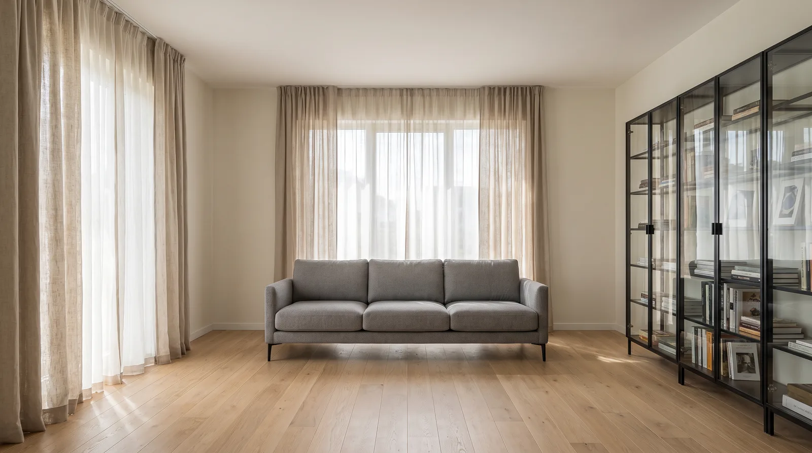 Strong prompt result: light oak floor, cream walls, black-framed glass bookcase, grey three-seat sofa and linen curtains in soft midday light, exactly as written