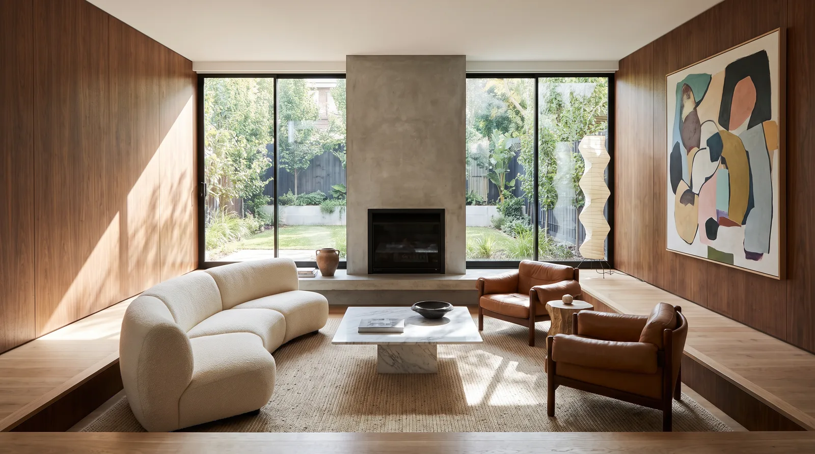 Weak prompt result: a walnut-panelled room with a concrete fireplace, curved cream sofa and tan leather armchairs, all chosen by the model