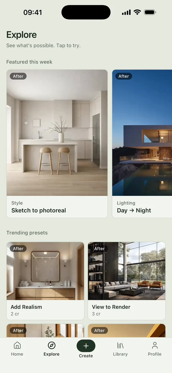Screen recording of the Syntina iOS app: Explore, Render, presets and chat screens