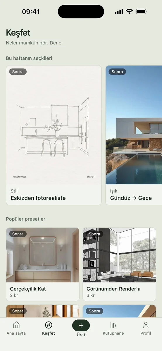 Syntina iOS uygulamasının ekran kaydı: Keşfet, Render, preset ve sohbet ekranları