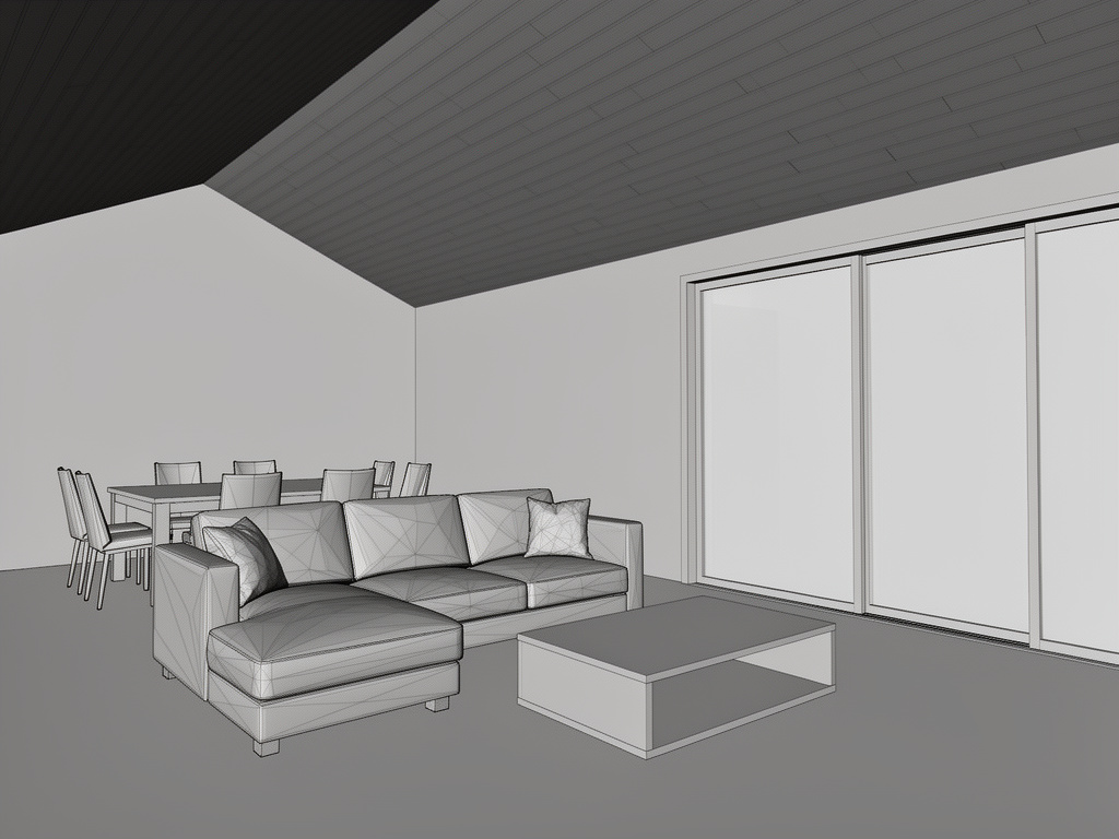 Girdi: SketchUp/Blender tarzı gri clay viewport — köşe koltuk, sehpa, altı sandalyeli yemek masası, sağda cam duvar, eğimli ahşap tavan