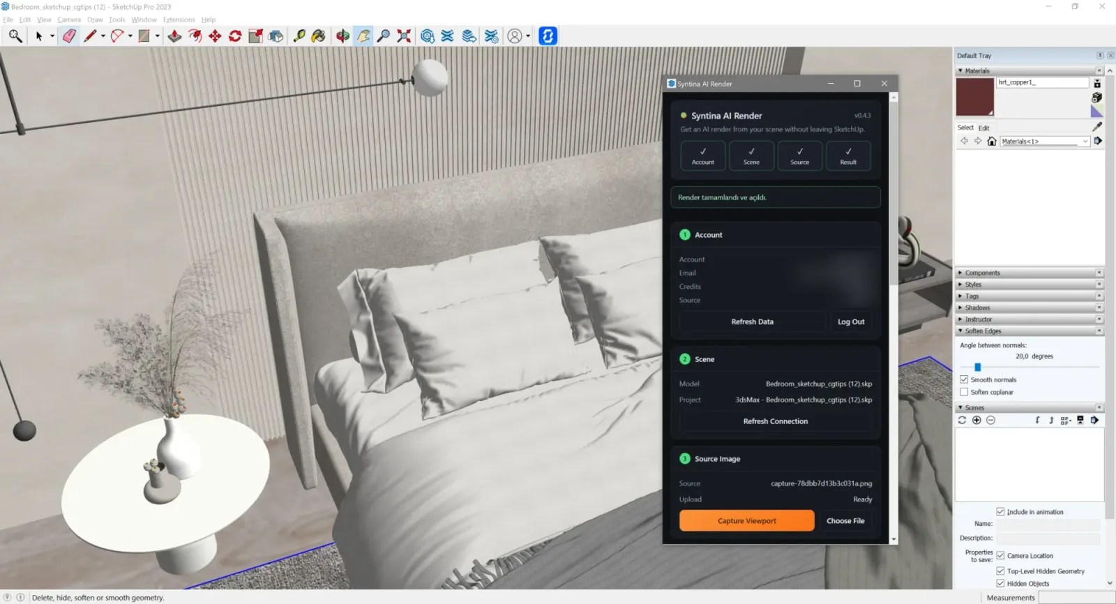The Syntina AI Render panel inside SketchUp, with the account, scene, source image and result steps completed and a Capture Viewport button