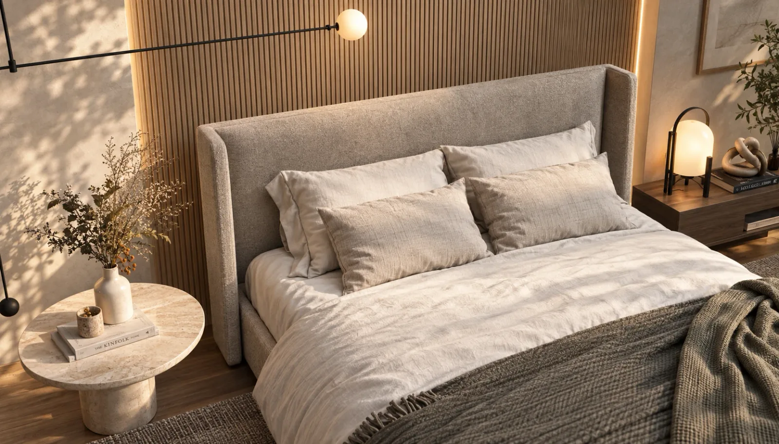 The rendered bedroom: fabric headboard and linen bedding, a timber slat wall with a hidden light strip, a stone side table, a glowing bedside lamp and warm sunlight with leaf shadows