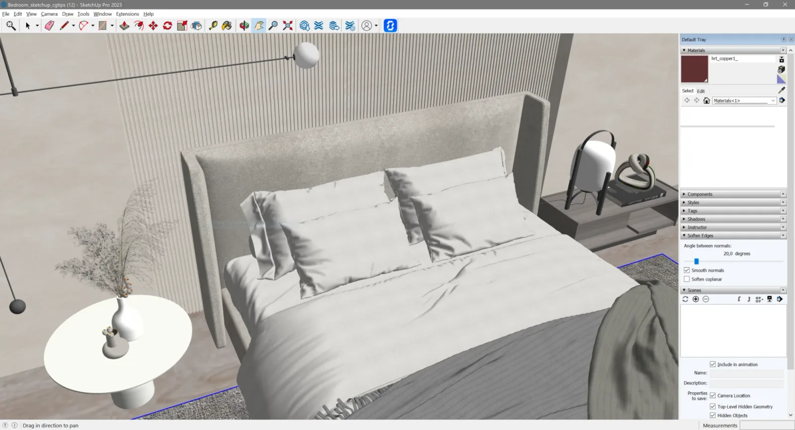 SketchUp Pro 2023 viewport of a bedroom: an upholstered bed with pillows, a slatted grey wall, a round side table with a vase and dried flowers, a bedside lamp and a sculpture, and a pendant lamp